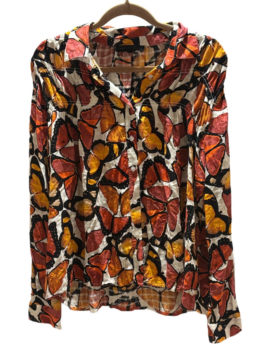 Jane + Delancey Butterfly Print Button Down Blouse Boho Medium, Fall Colors - Picture 2 of 5